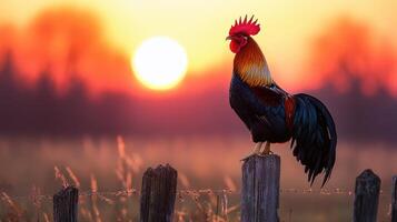 Rooster crowing at sunrise on a fence post in the countryside photo