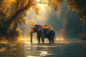 Majestic elephant cooling down in a river at sunset in the jungle photo