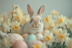 Easter bunny sitting in daffodils with colorful eggs photo