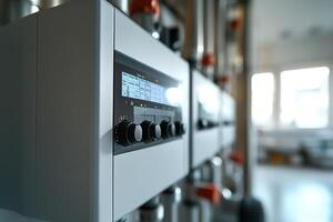 Boiler room control panel displaying system information and allowing adjustments photo