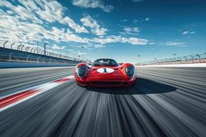 Red racing car speeding on a racetrack under a cloudy sky photo