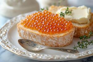 Salmon roe with bread and butter displayed on elegant table setting photo