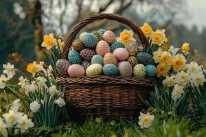 Easter eggs and daffodils celebrating the arrival of spring in a wicker basket photo