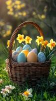 Wicker basket brimming with colorful easter eggs and daffodils in spring garden photo