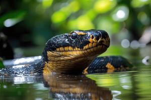 Anaconda snake emerging from the water in the amazon rainforest photo