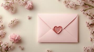 Pink envelope sealed with red heart representing love and affection on marble background photo