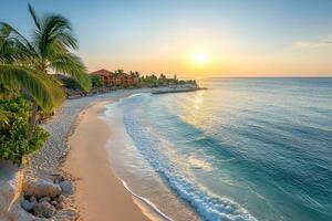 Tropical beach sunset illuminating luxury resort and palm trees photo