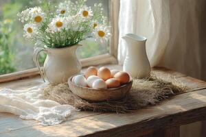 Fresh eggs and daisies creating a rustic farmhouse scene photo