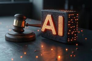Judge gavel near illuminated ai sign representing artificial intelligence law and regulations photo