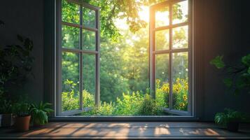 Open window overlooking lush green garden with sunlight streaming in photo