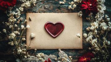 Heart-shaped wax seal on old paper with dried flowers on rustic wooden table photo