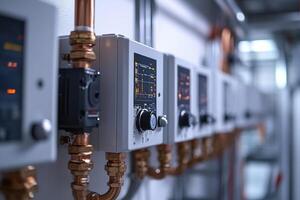 Control panel monitoring system with copper pipes and digital display showing real-time data photo