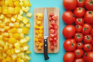 Chopped tomatoes and yellow peppers arranged on wooden cutting board and turquoise background photo