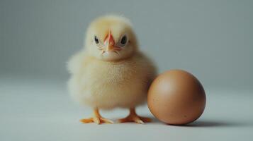 Newborn chicken standing near brown egg on white background photo
