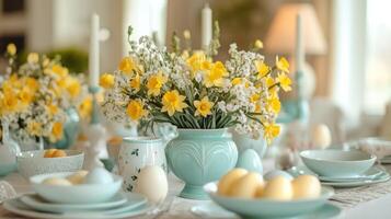 Festive easter table setting with daffodils and pastel-colored eggs creating a spring ambiance photo