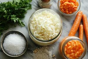 Making sauerkraut with fresh cabbage, carrot, salt and parsley photo
