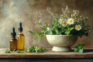 Fresh herbs with essential oil bottles resting on rustic wooden table photo