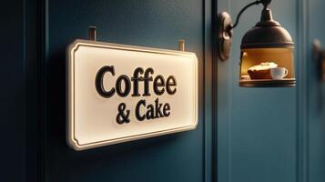 Illuminated coffee and cake sign hanging on a textured teal wall photo
