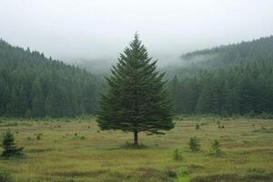 Lonely pine tree standing in meadow with misty forest in background photo