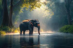 Majestic elephant cooling down in a river at sunset in the jungle photo