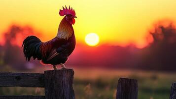 Rooster crowing at sunrise on a fence post in the countryside photo
