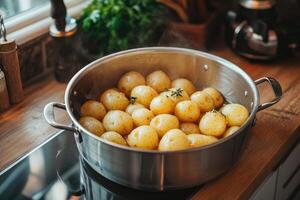 Steaming hot baby potatoes with thyme in a stainless steel pot on a kitchen countertop photo