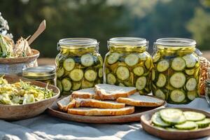 Pickled cucumber slices preserved in jars for winter enjoyment with bread and salad photo