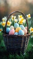 Wicker basket brimming with colorful easter eggs and daffodils in spring garden photo