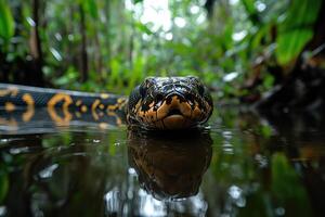 Anaconda snake emerging from the water in the amazon rainforest photo