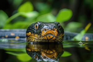 Anaconda snake emerging from the water in the amazon rainforest photo