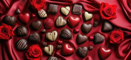 Heart-shaped chocolates and red roses creating romantic atmosphere for valentine's day photo
