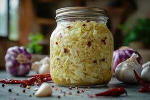 Glass jar preserving fermented cabbage with garlic and chili pepper photo