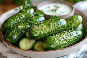Pickled cucumbers sprinkled with sesame seeds and fresh parsley with yogurt dip photo