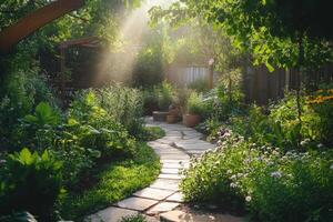 Sunbeams illuminating lush garden path with flagstone pavers photo