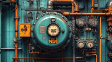 Complex industrial pipeline system with gauges and valves displaying monitoring system photo