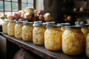 Preserving fresh vegetables, glass jars filled with napa cabbage on wooden shelf photo