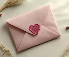 Pink envelope sealed with red heart representing love and affection on marble background photo
