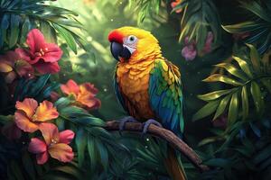 Colorful macaw parrot perching on branch in lush tropical rainforest photo