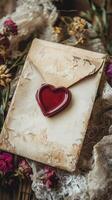 Old envelope sealed with red wax and decorated with dried flowers and lace photo
