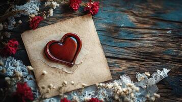 Heart-shaped wax seal on old paper with dried flowers on rustic wooden table photo