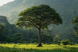 Majestic tree standing in lush green meadow with forest background photo