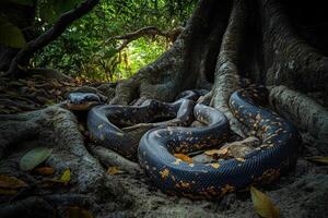 Cuban boa resting at the base of a tree in a tropical forest photo