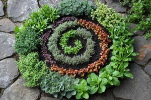 Spiral herb garden growing in concentric circles on dark soil photo