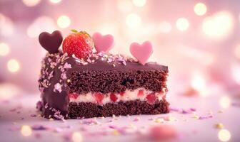 A slice of chocolate cake with pink frosting and pink hearts on top photo