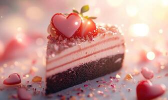 A slice of cake with two hearts on top photo