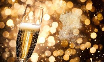 A champagne glass with a lot of bubbles and a sugar cube in it photo