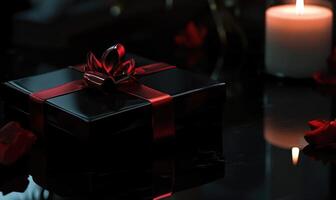 A black box with a red bow on top of it photo
