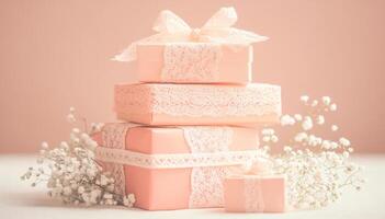 A stack of pink boxes with lace bows on top photo