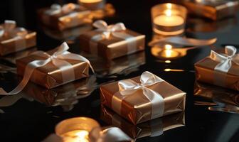 A row of gold boxes with white ribbons on them photo