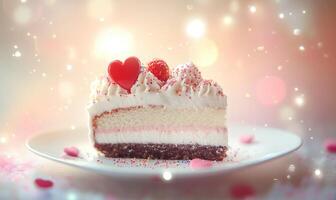 A slice of cake with a heart on top and sprinkles on the side photo